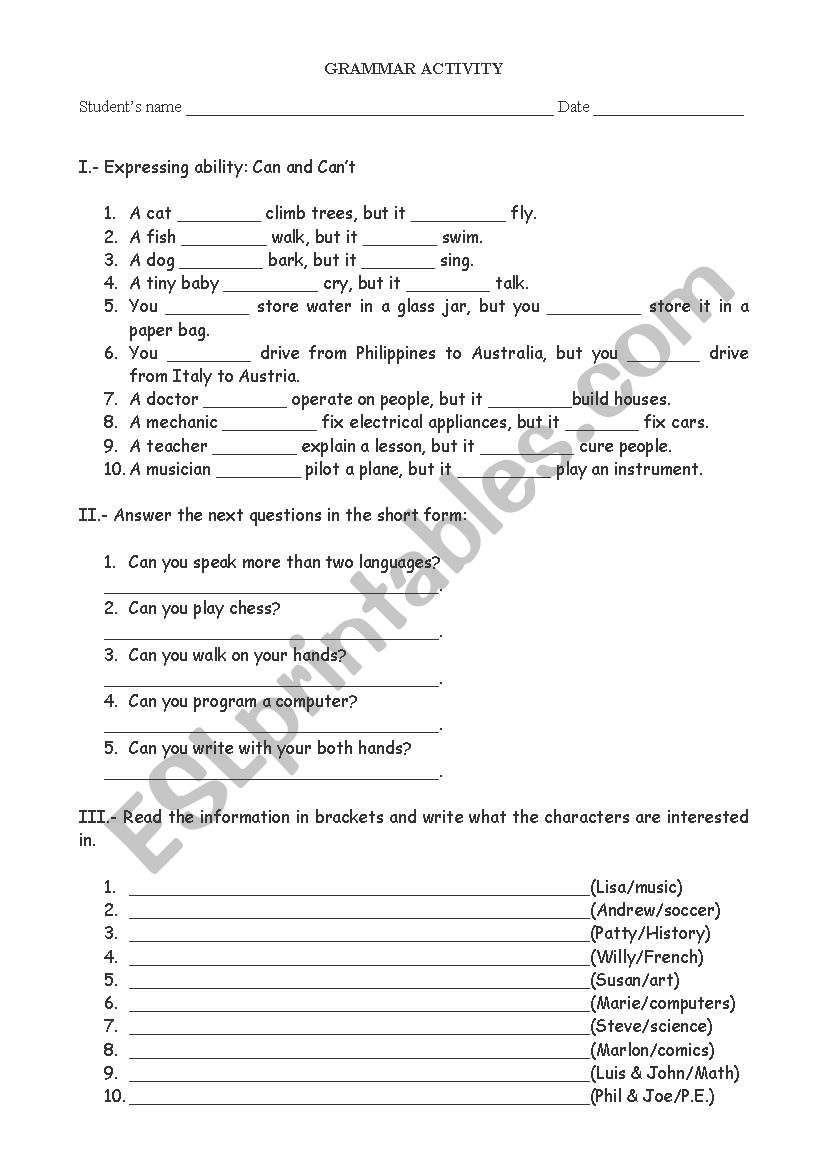 combo of activities worksheet