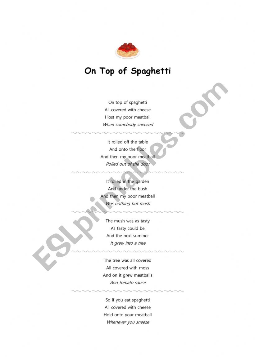 On Top of Spaghetti Song Worksheet