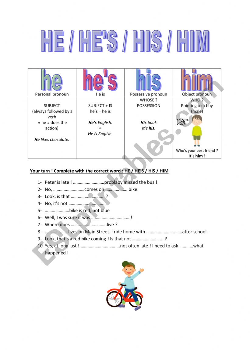 He Him His worksheet