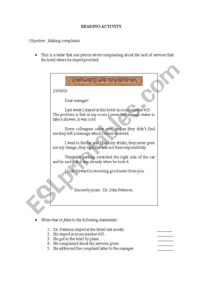 Making complaints worksheet