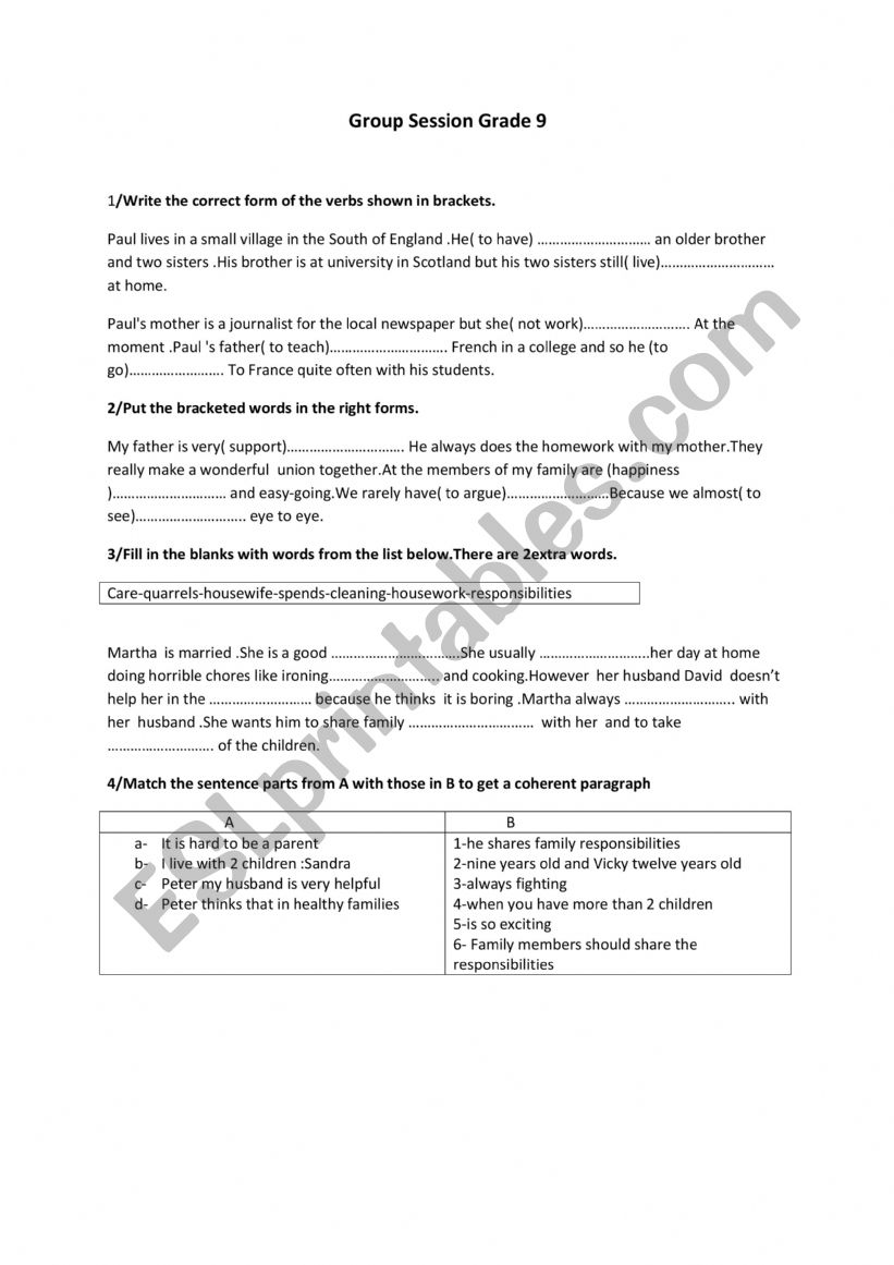 family life worksheet