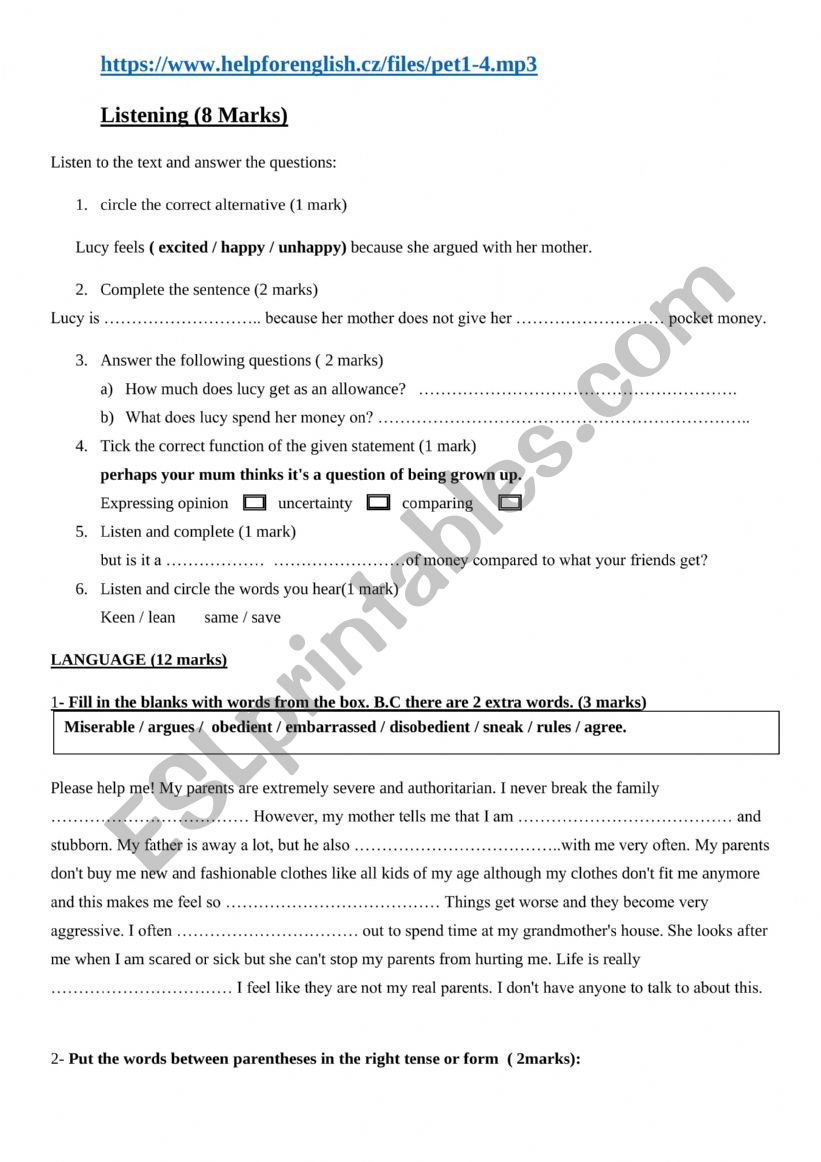 9th form test worksheet