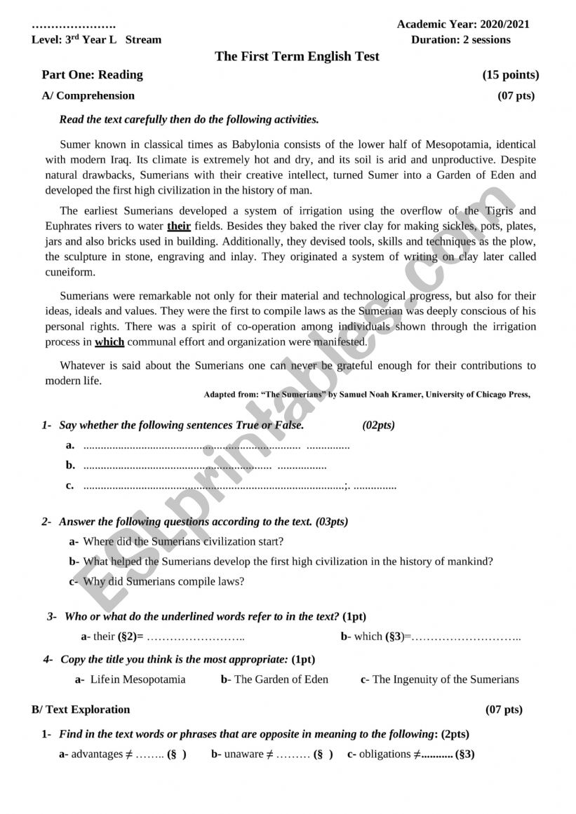 1st_term_test_sumerians worksheet