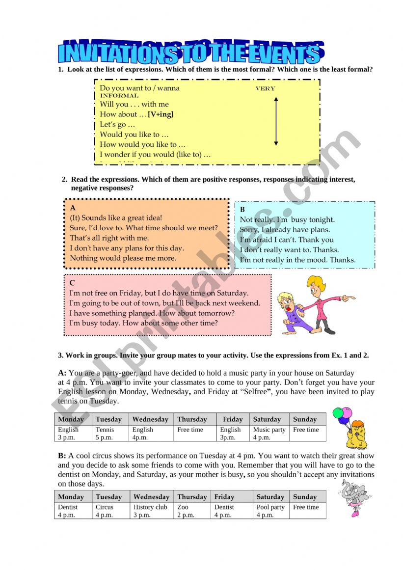 Invitations to the events worksheet