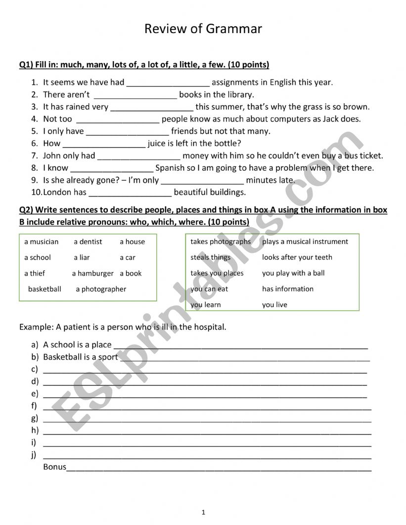 quanitfiers, relative pronouns, comparative and superlative