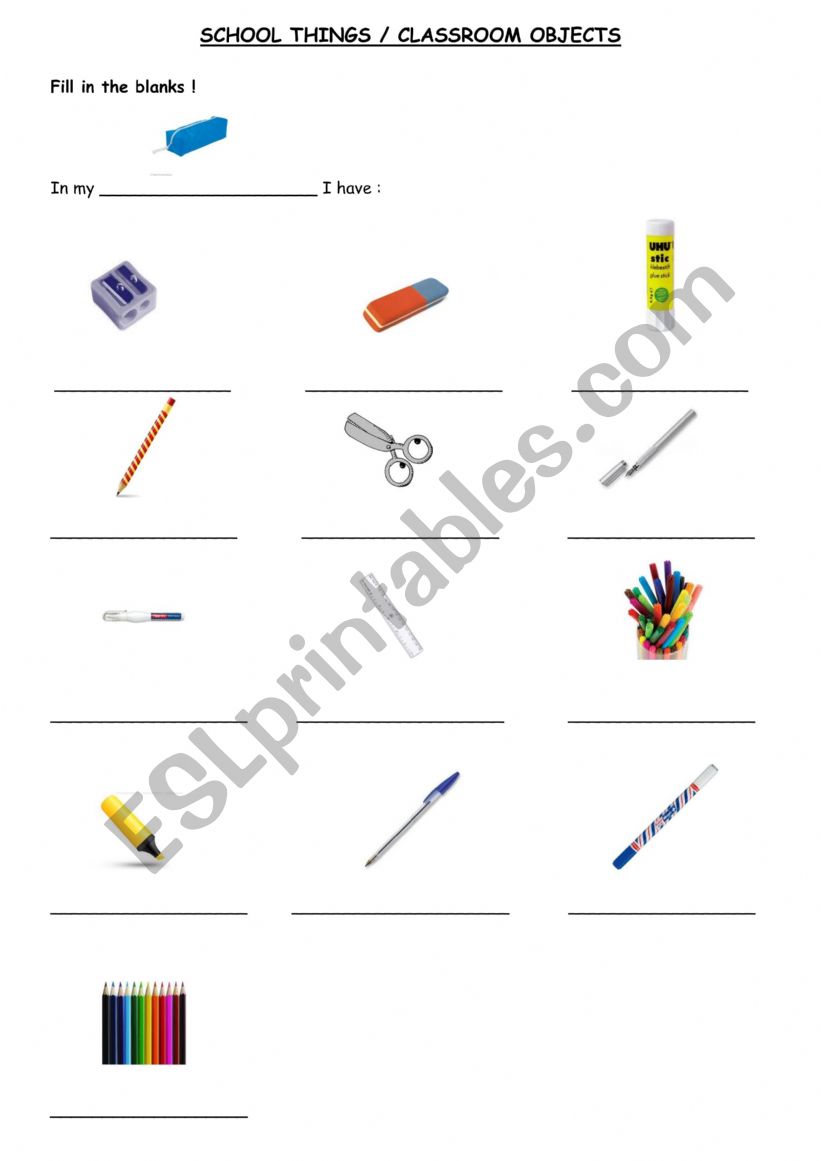school objects worksheet