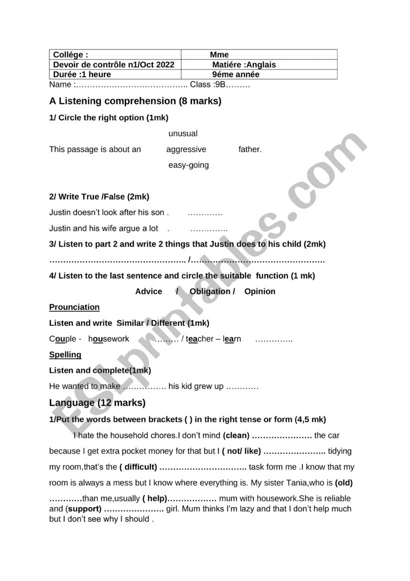 mid term 1 9 th form worksheet