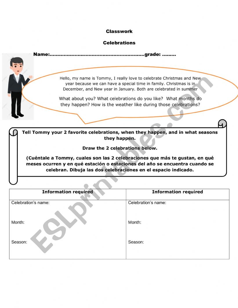 celebrations dates worksheet