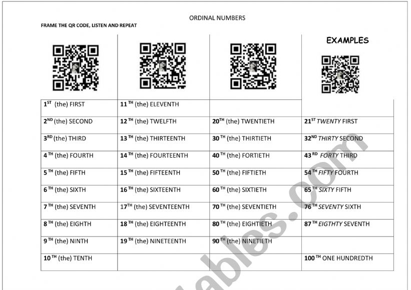 ORDINAL NUMBERS WITH AUDIO QRCODE