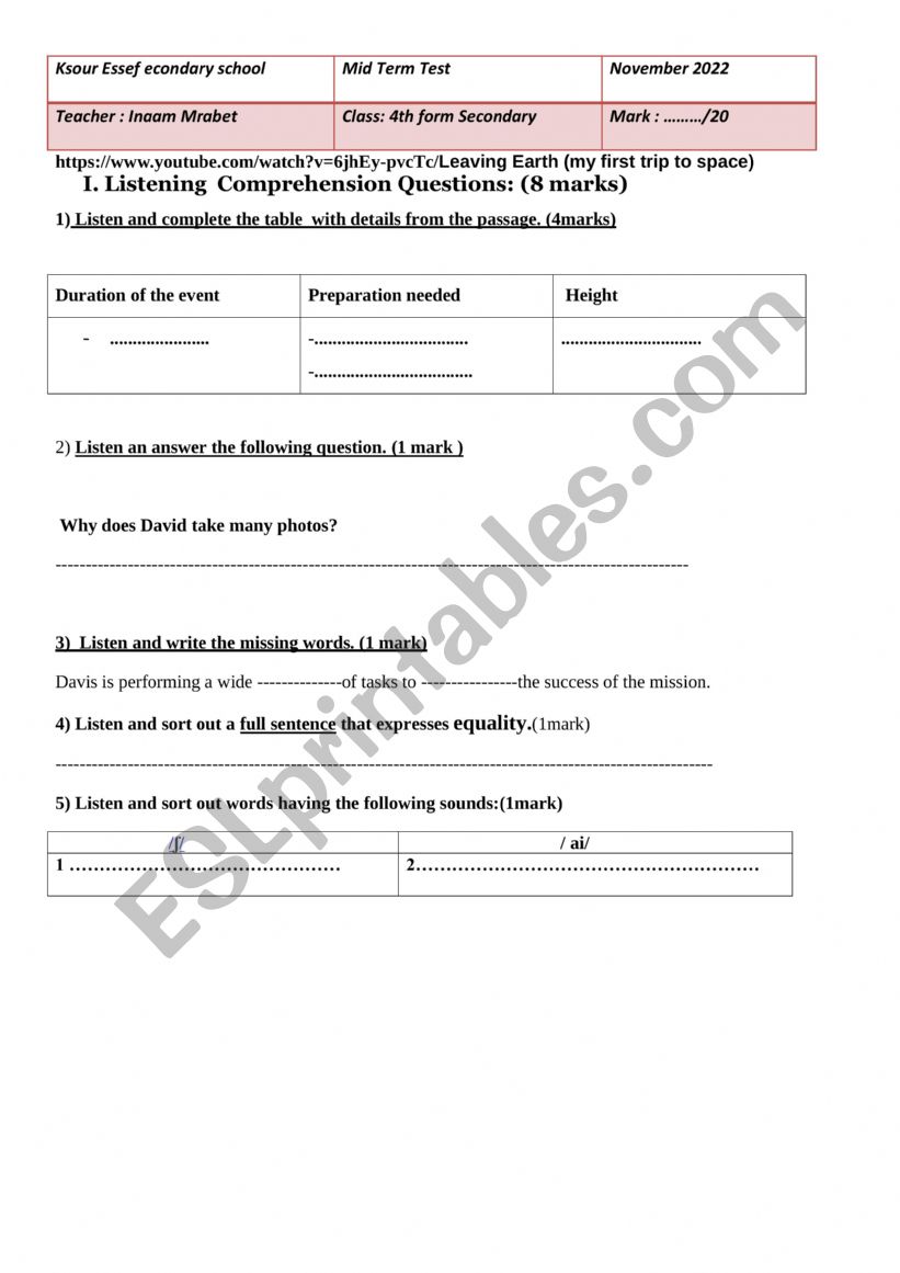 Mid Term Test One Bac worksheet