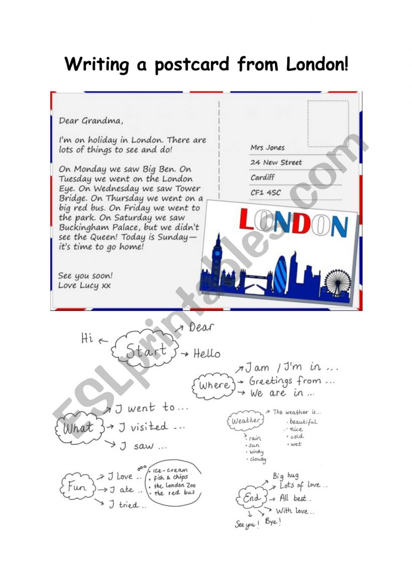 Write a postcard from London worksheet