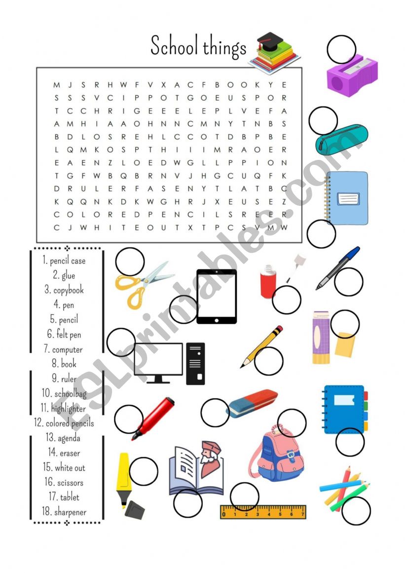 School things - wordsearch worksheet