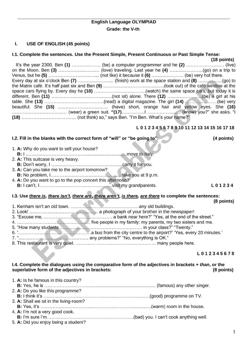 ENGLISH OLYMPIAD worksheet