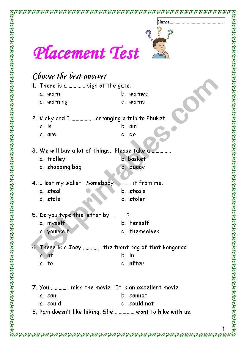 Placement Test worksheet