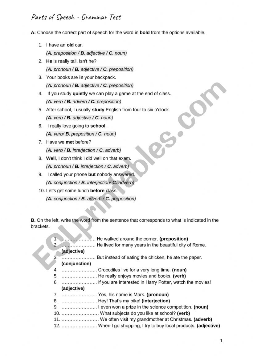 Test: Parts of Speech worksheet