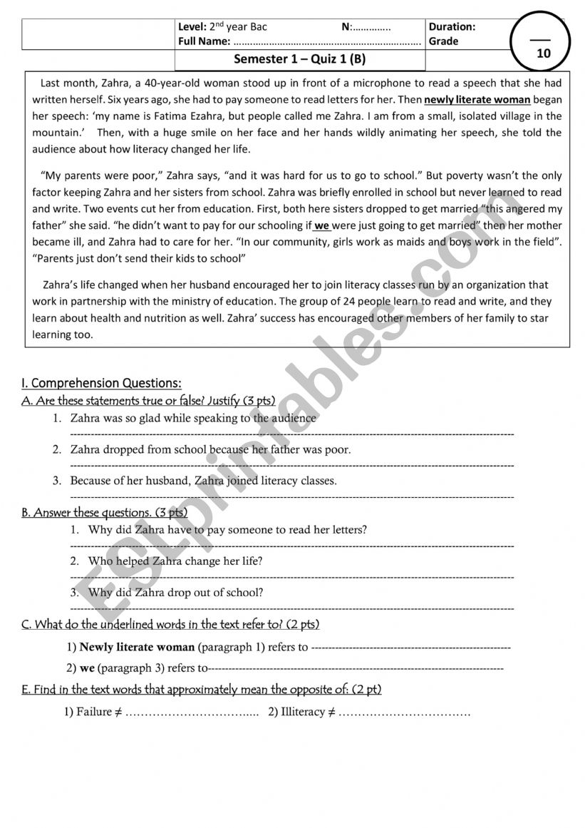 comprehension quiz  unit 1 Gatway student book