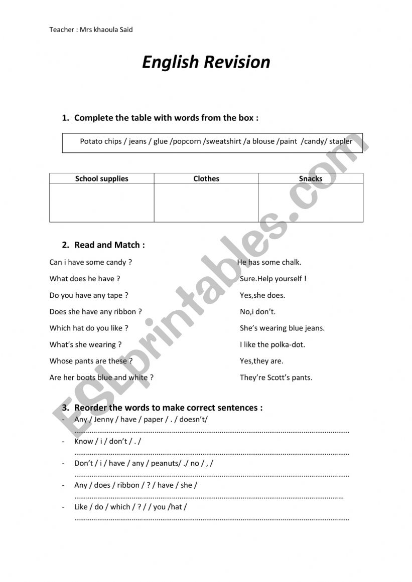 English revision 5th grade  worksheet
