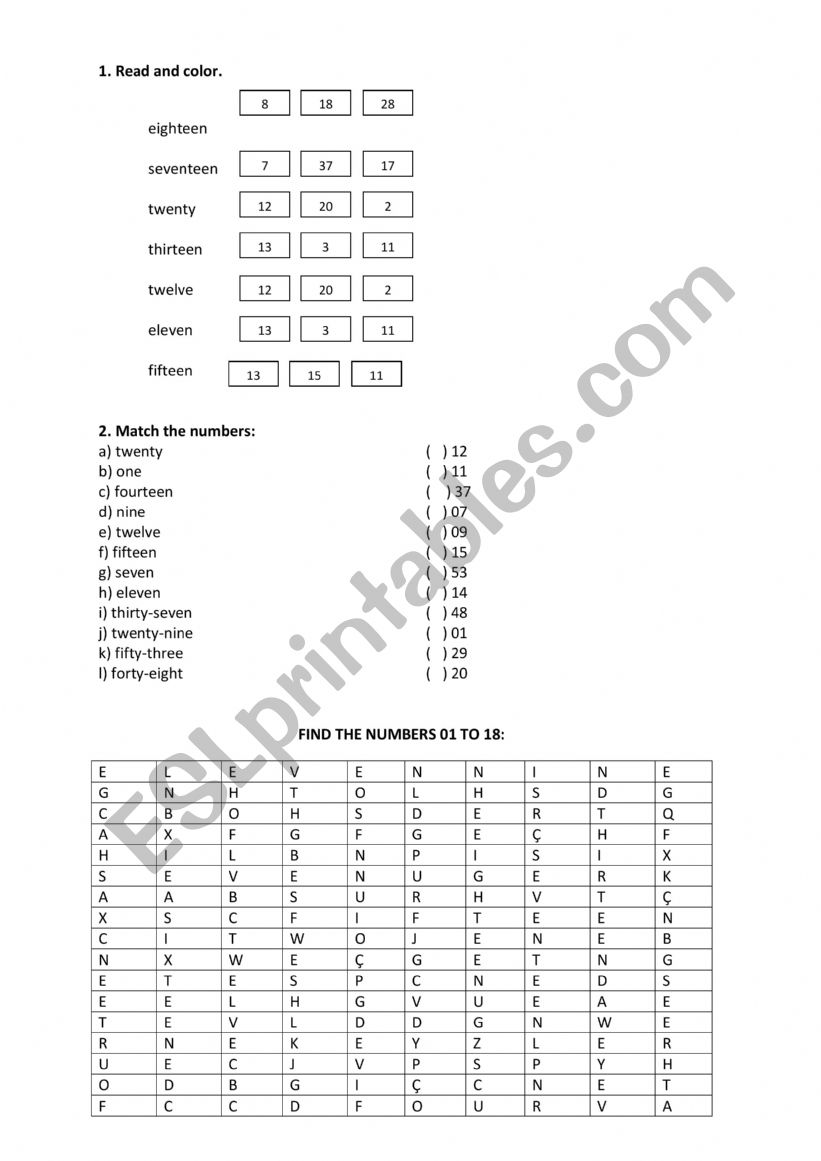 Numbers 1 to 20 worksheet