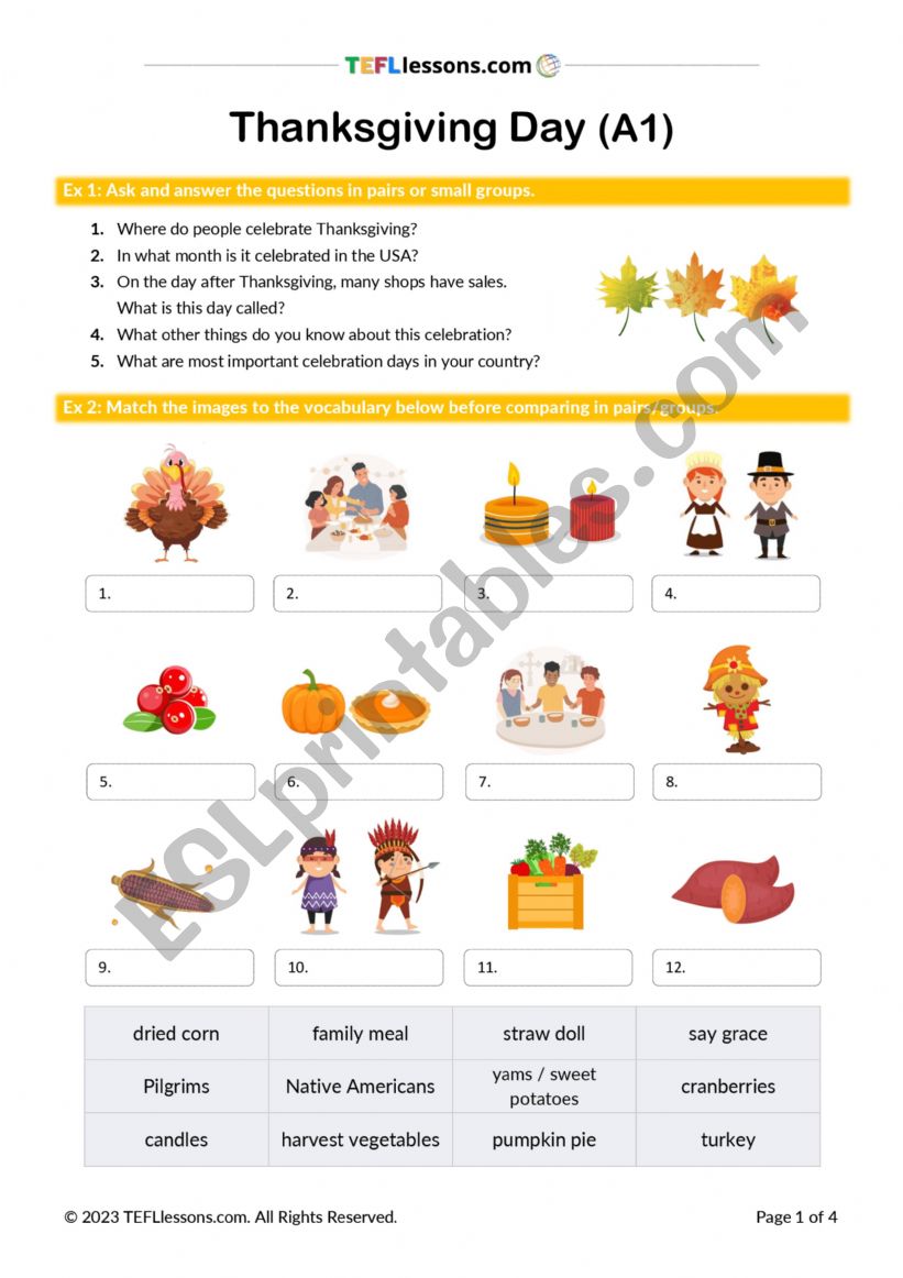 Thanksgiving Lesson A1 worksheet