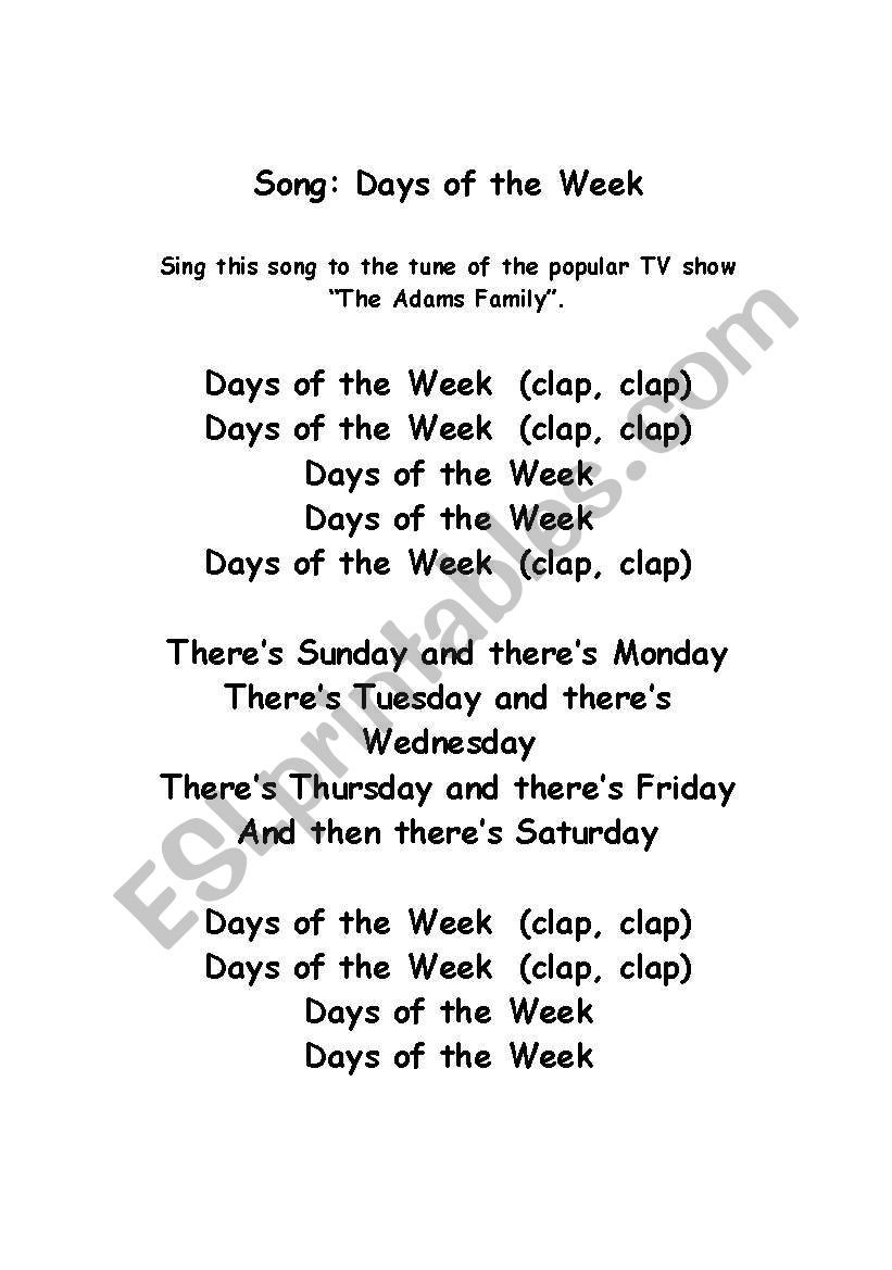 Song:  Days of the Week worksheet