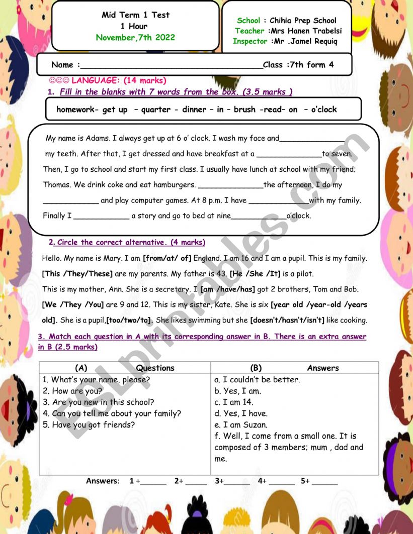 mid term 1 test 7 formers worksheet