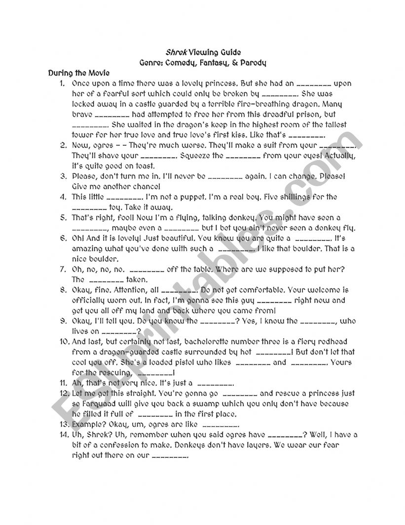 Shrek worksheet