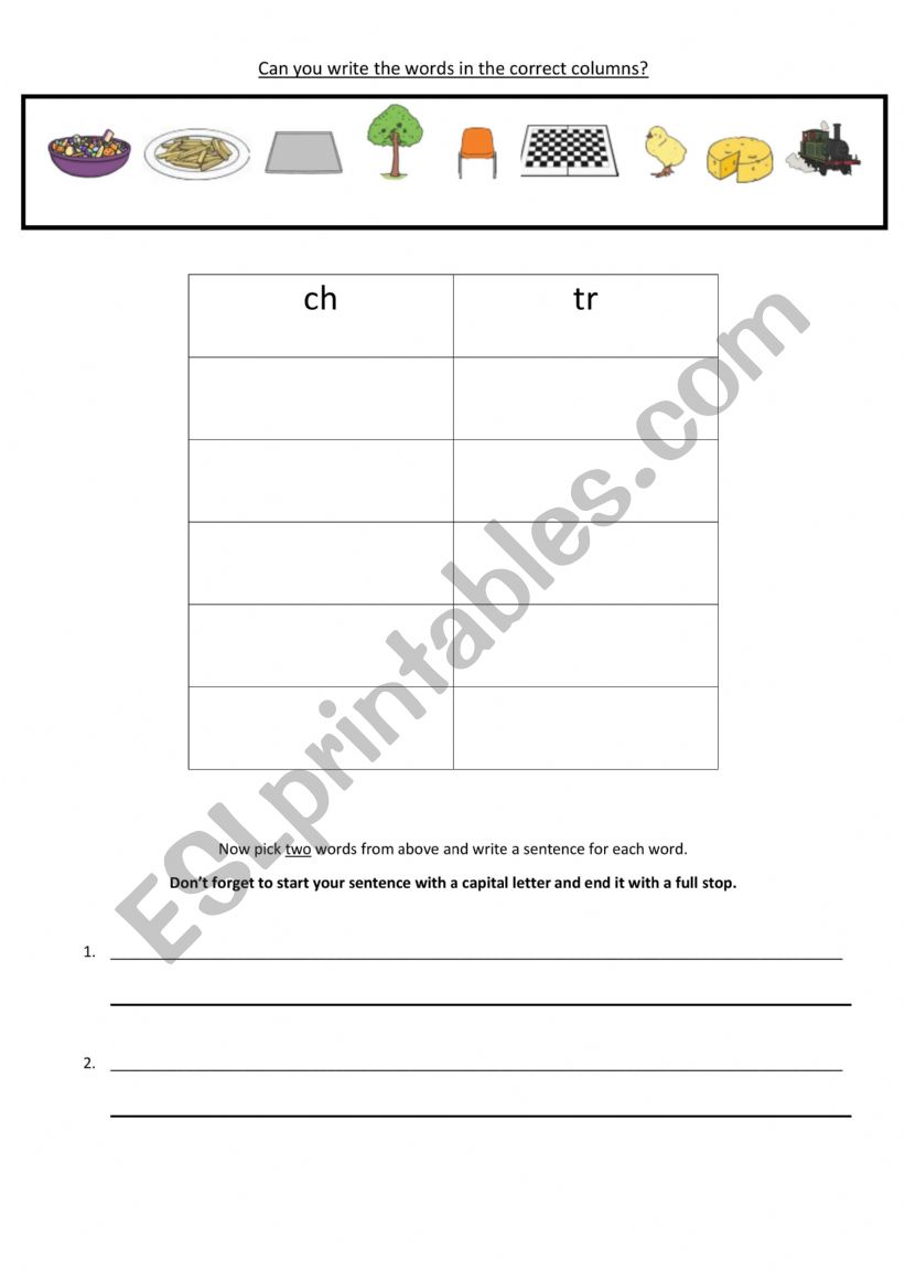 CH/TR distinguishing sounds worksheet