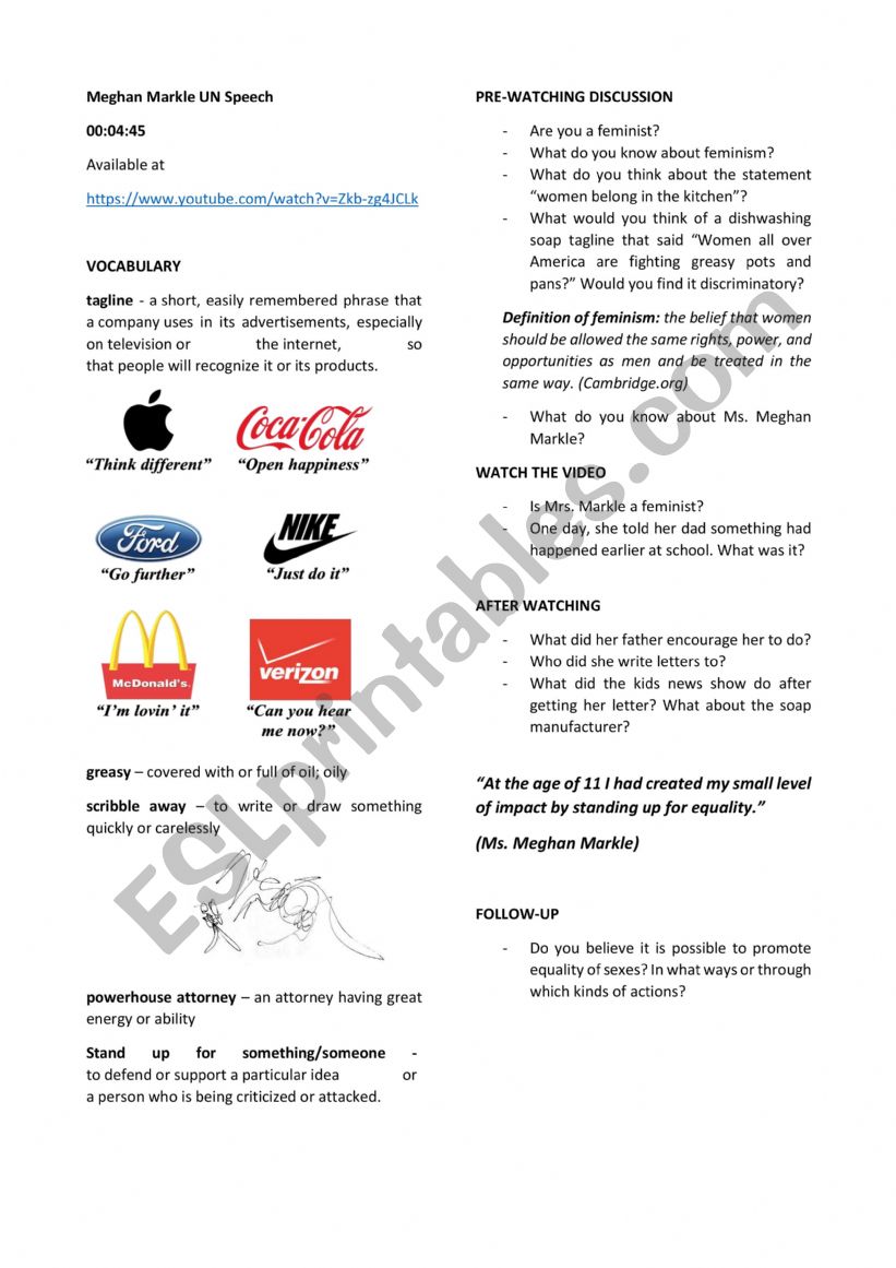 Meghan Markle UN Speech worksheet