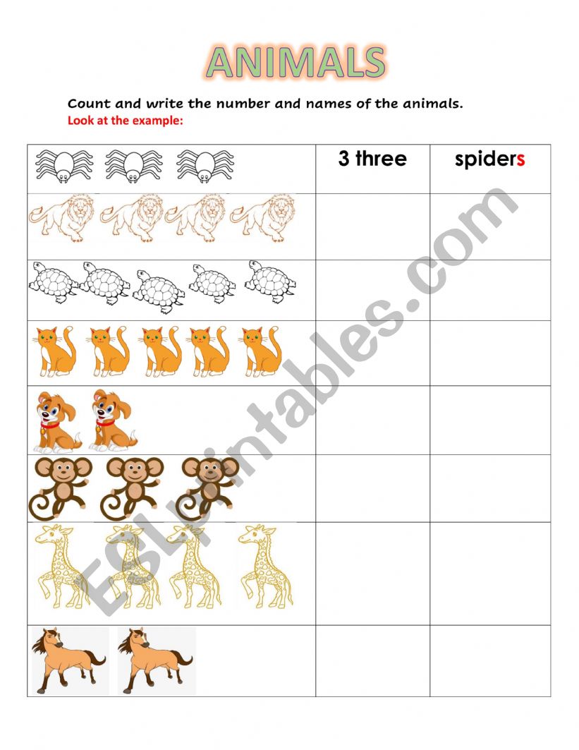 Animals count worksheet