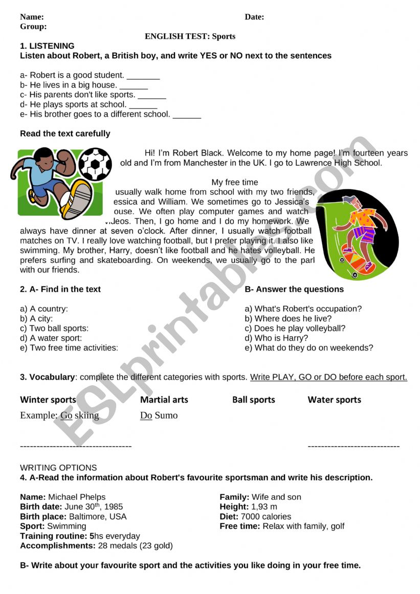 Sports test worksheet