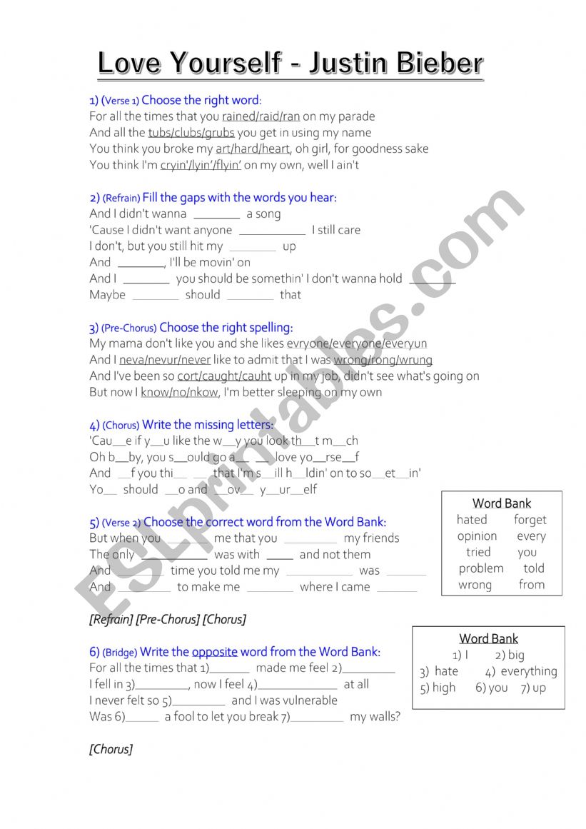 Love Yourself - Justin Bieber - Listening Exercise