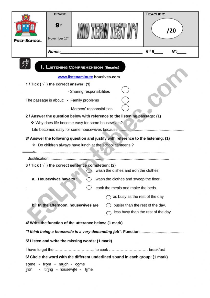 mid term test 1 for 9th form worksheet