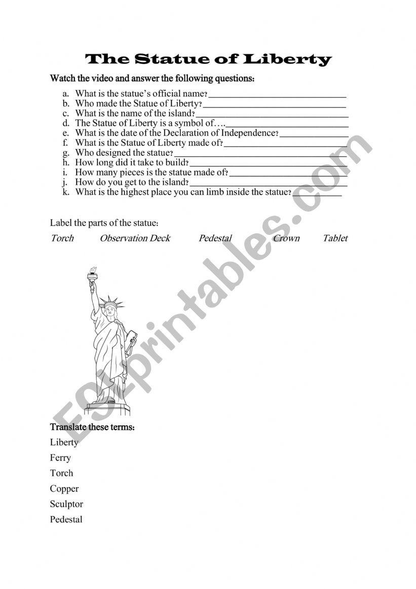 Statue of Liberty worksheet