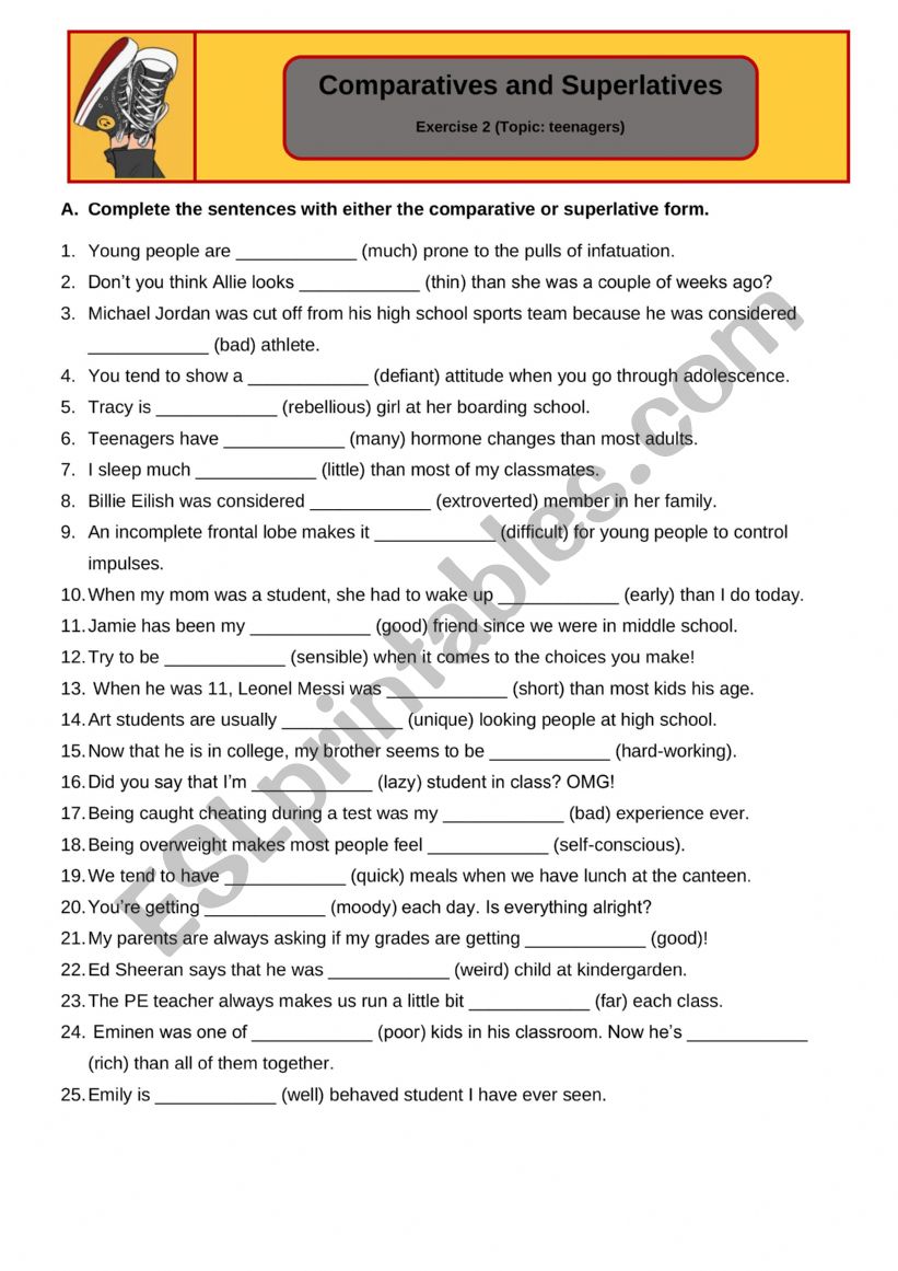 Comparative and Superlative - Exercise 2 - Teenagers