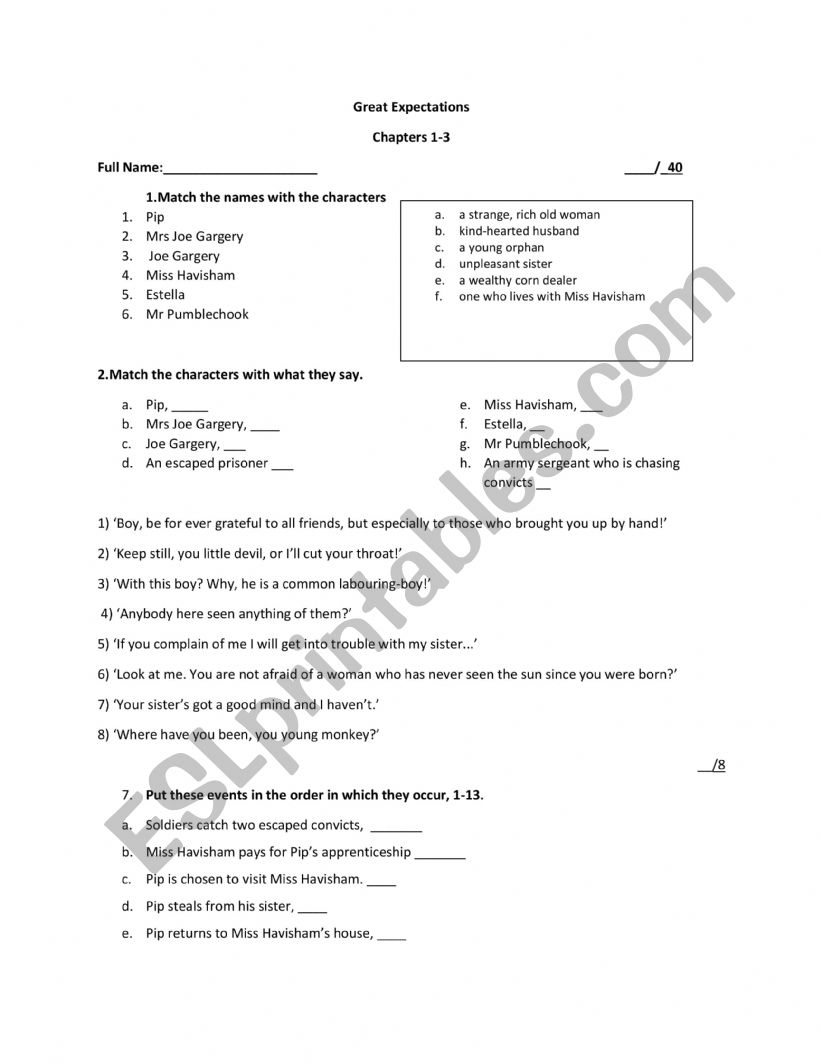 Great Expectations worksheet