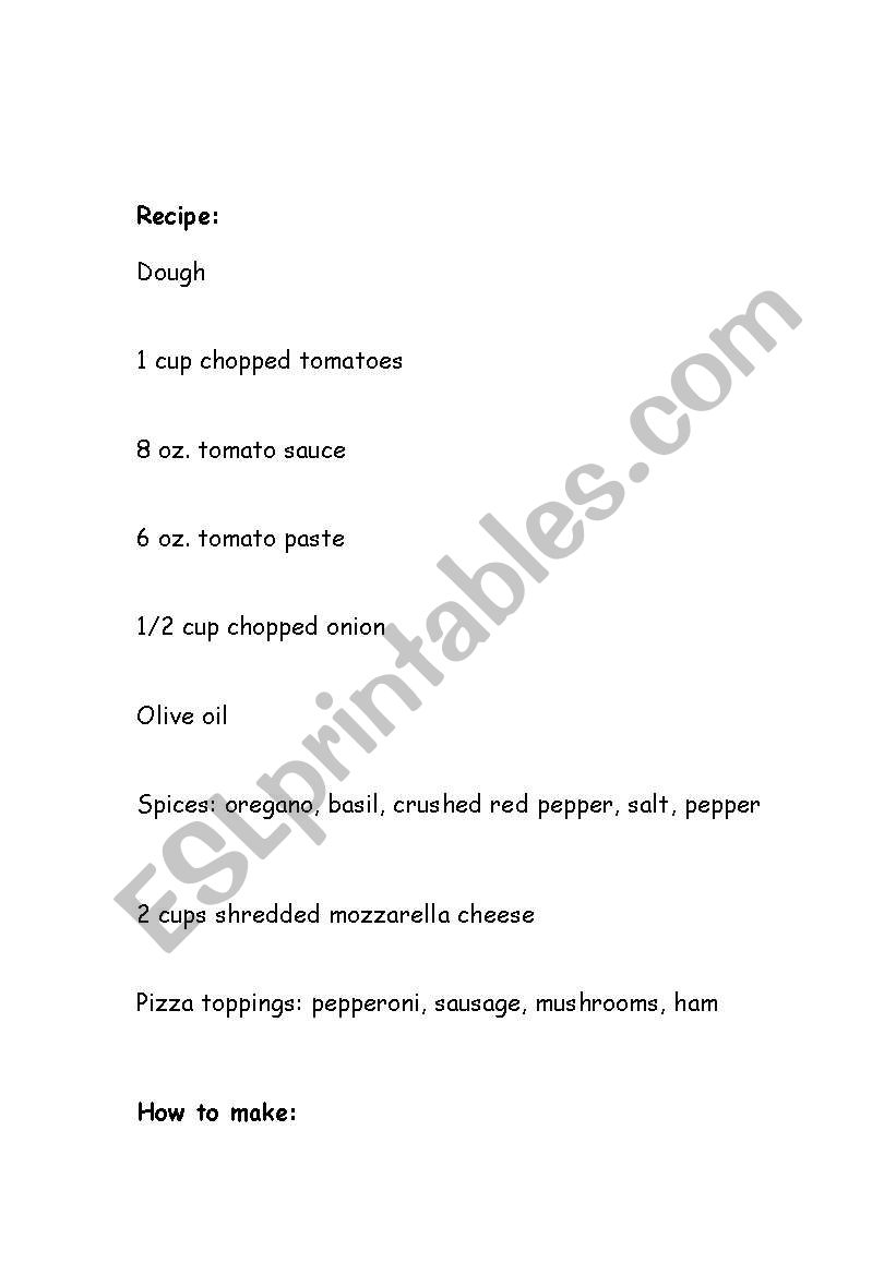 Pizza Recipe worksheet