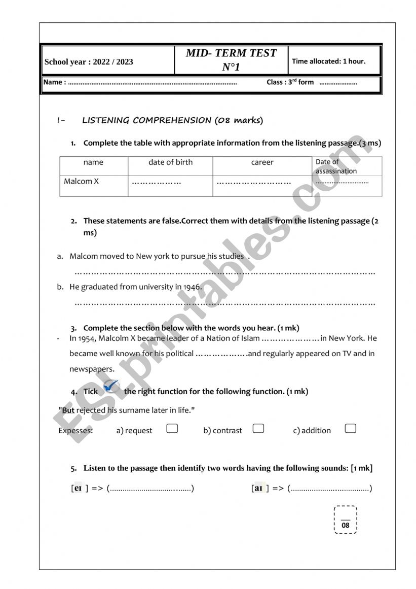 MID TERMTEST N1 third form worksheet