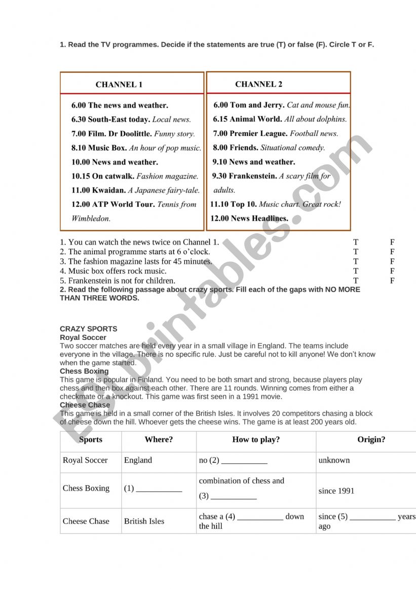 television programme worksheet