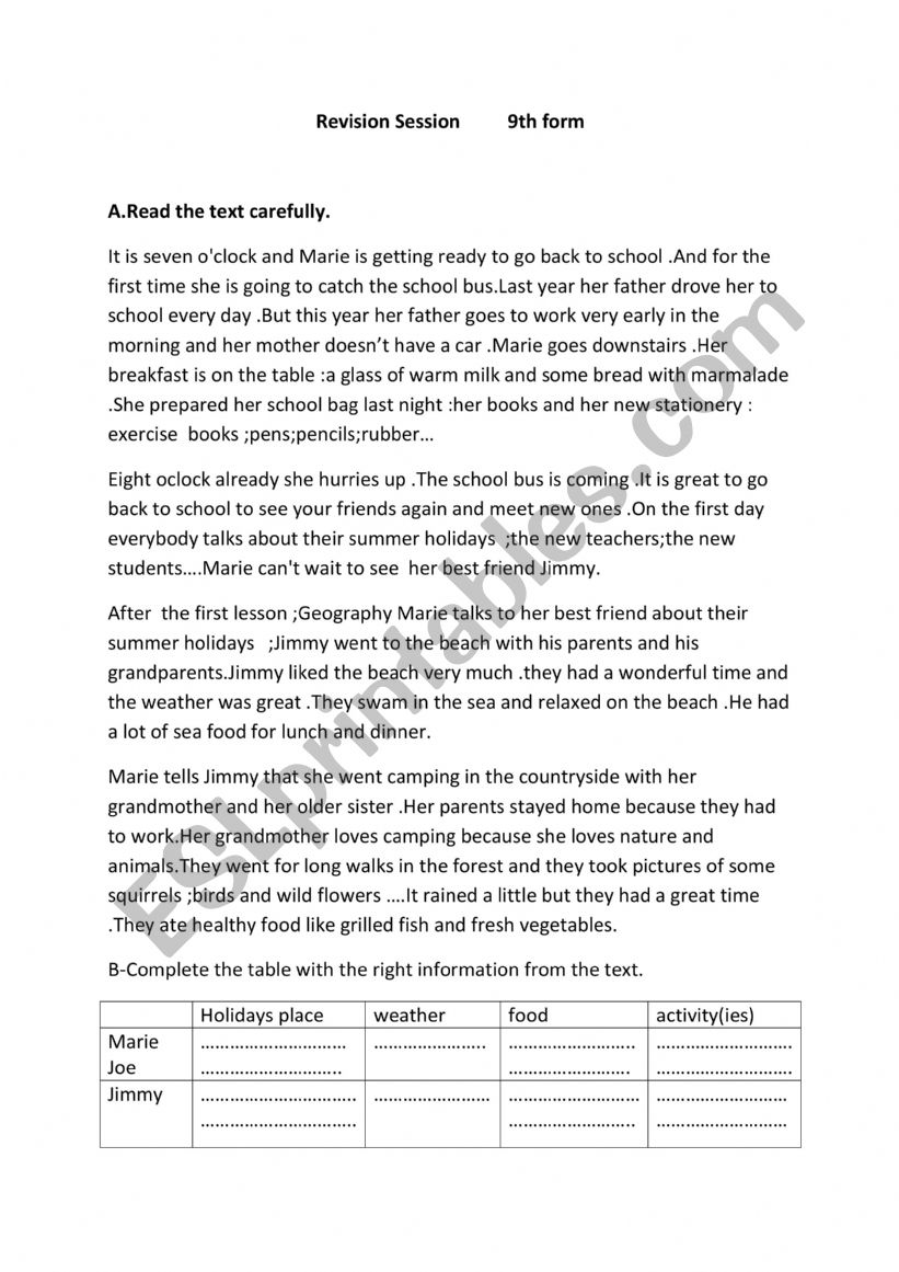 review session 9th form worksheet