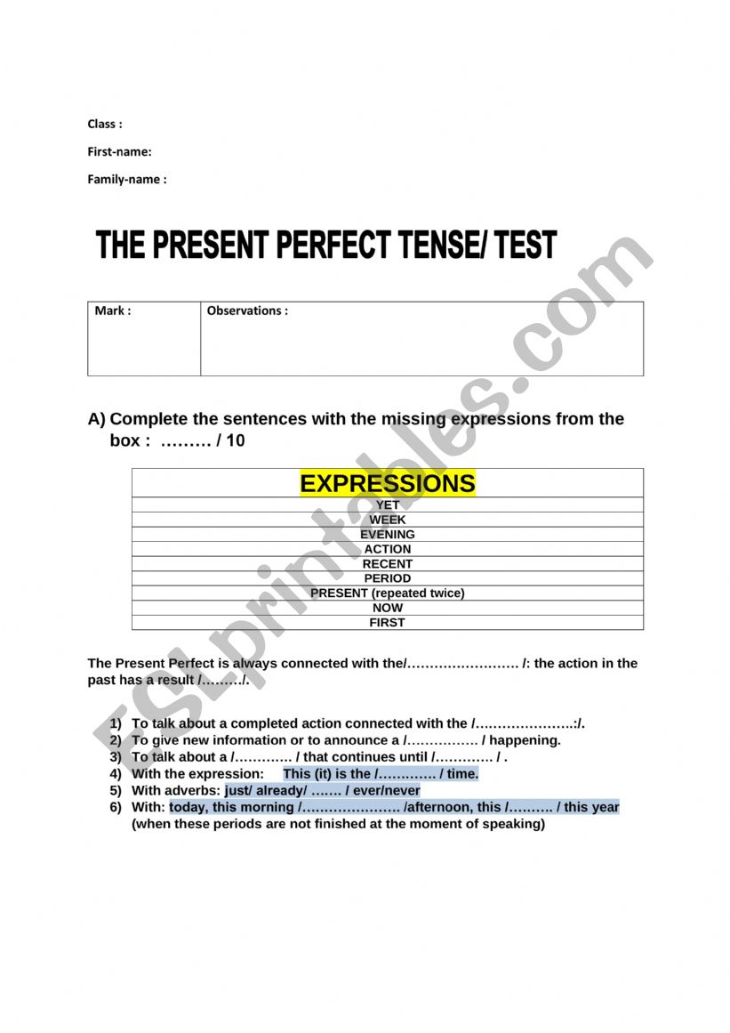 Present  perfect test worksheet