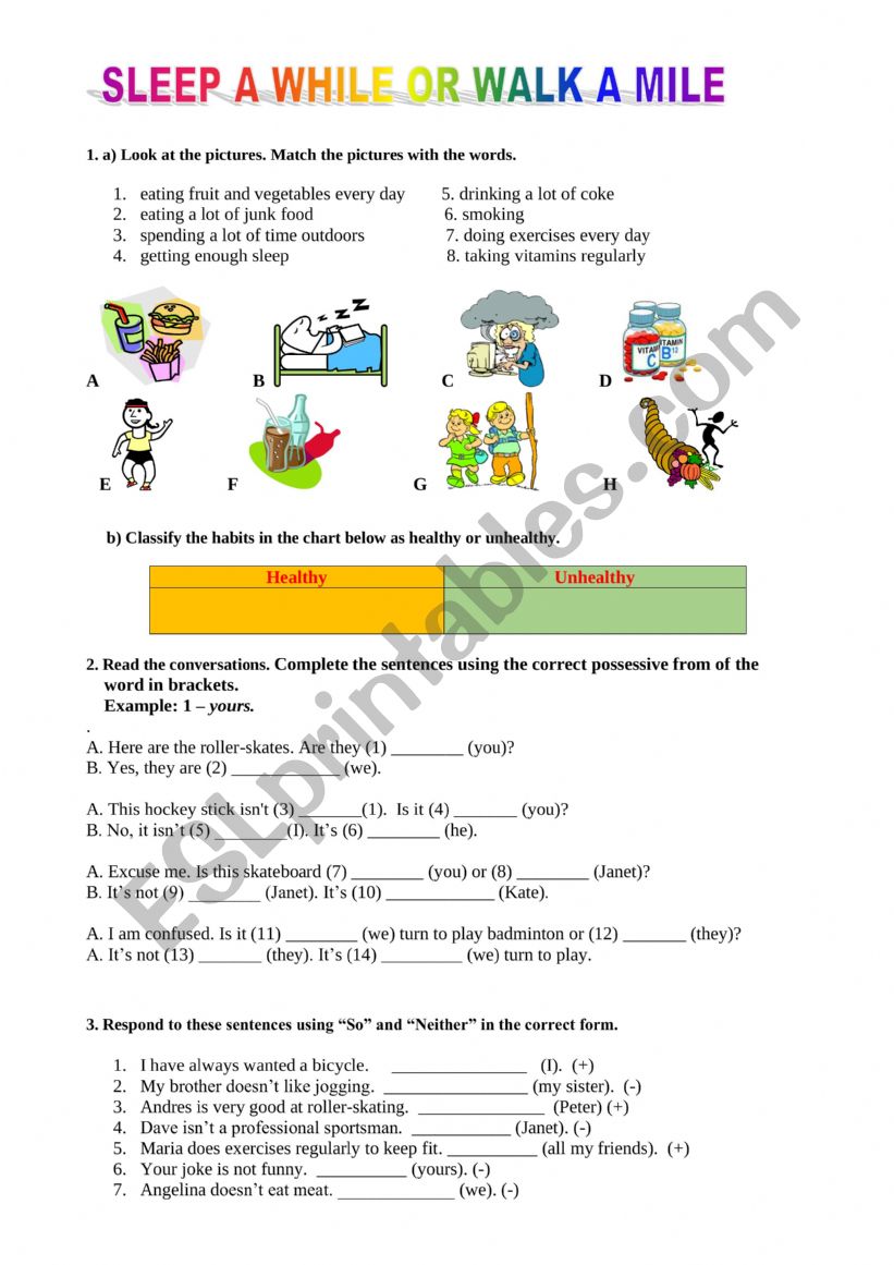 Sleep a while or walk a mile worksheet