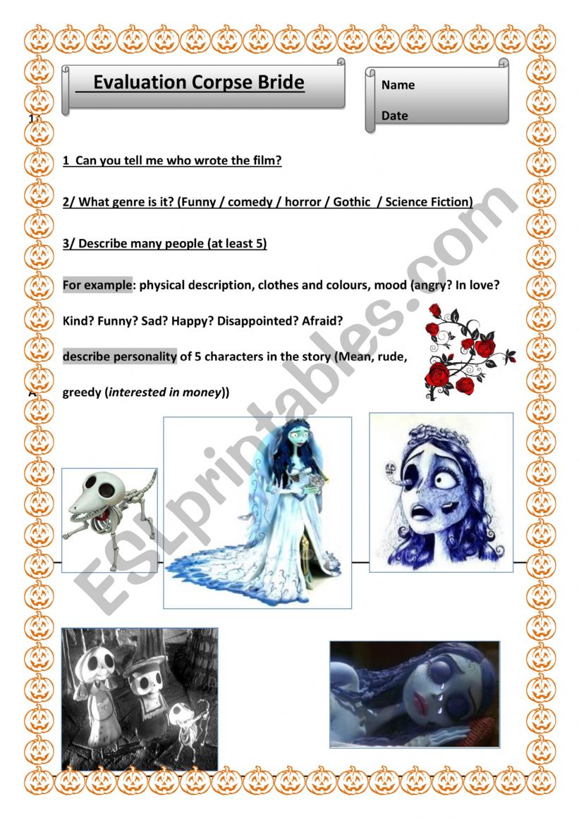 Corpse Bride - tim Burton worksheet