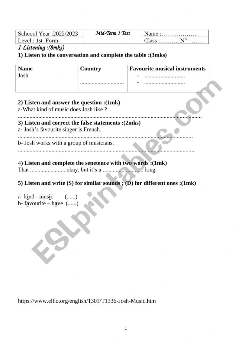 first term test  worksheet