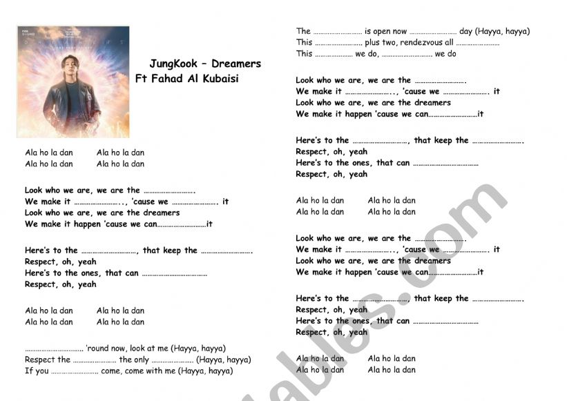 JungKook Worldcup song worksheet