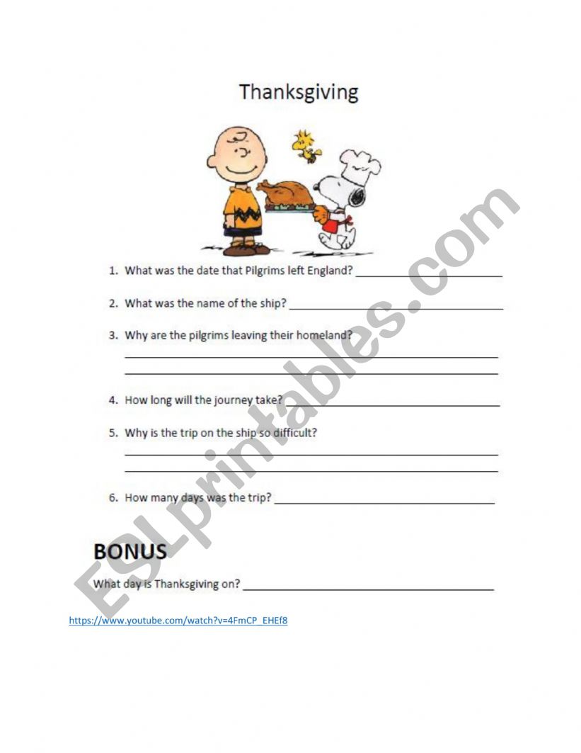 Charlie Brown Thanksgiving Listening Video Worksheet