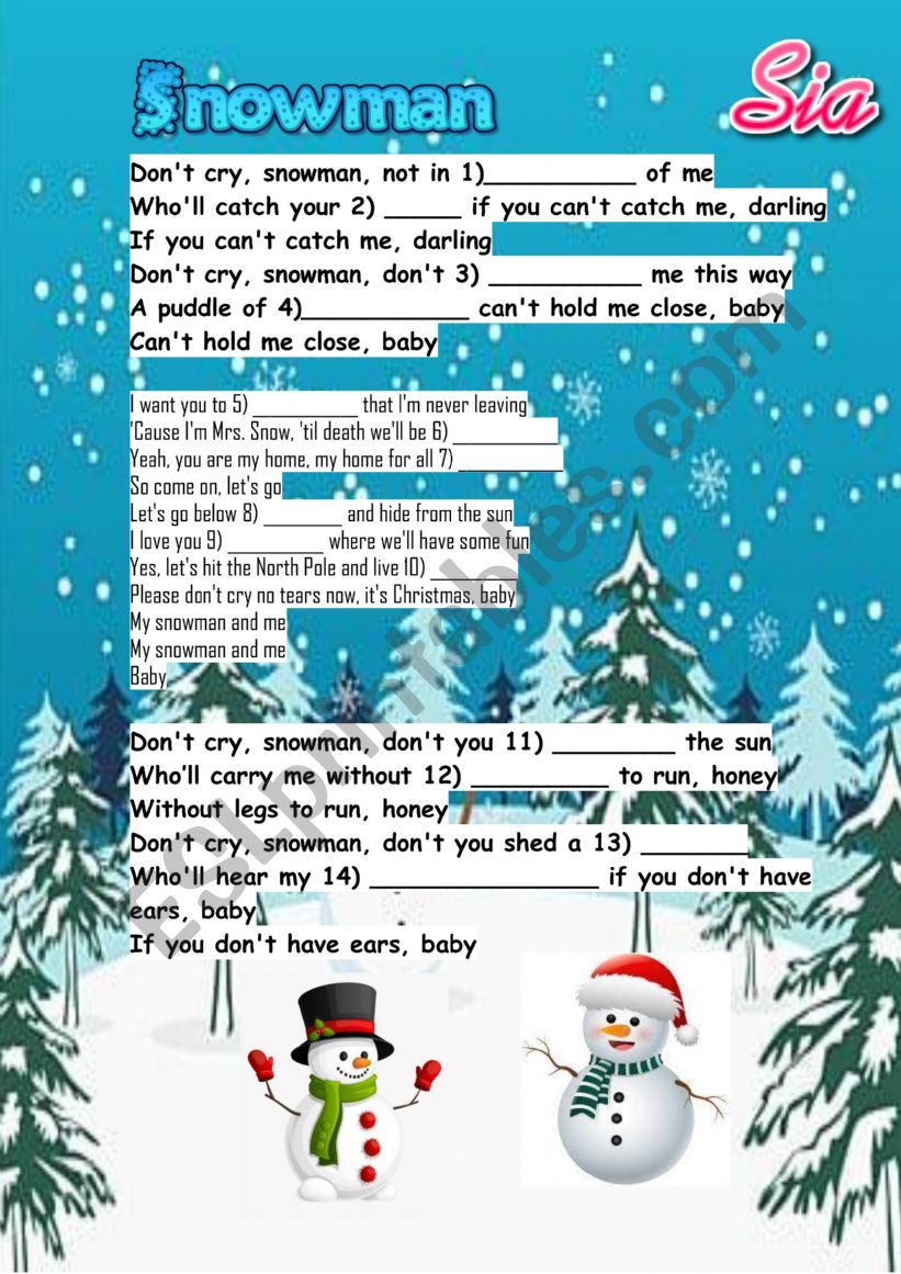 Snowman by Sia worksheet