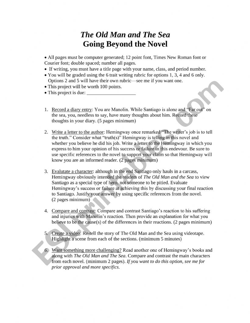 Old Man and the Sea Final Project choice ideas handout