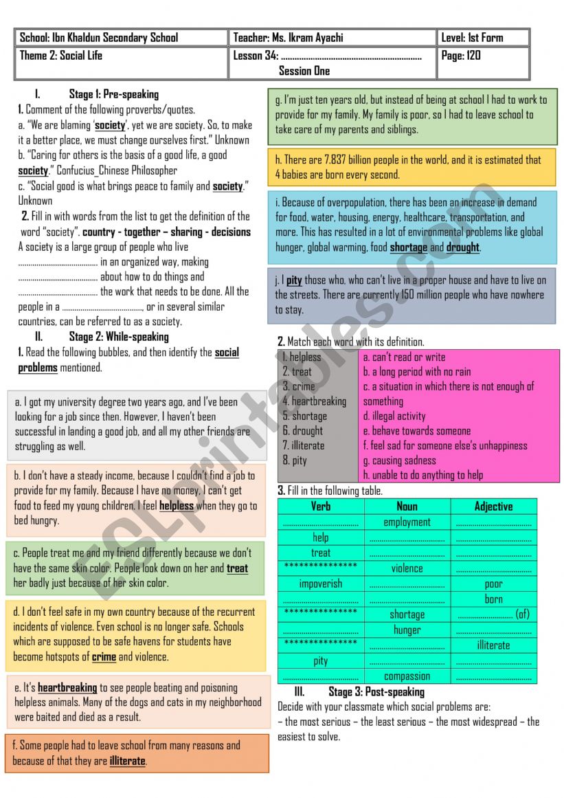 1st Form Lesson n° 34 Social Problems ESL worksheet by English