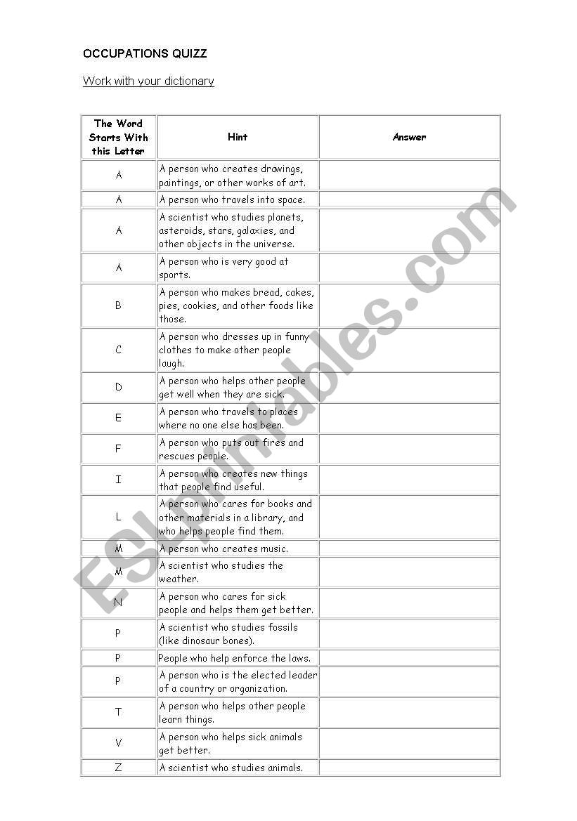 jobs quizz worksheet