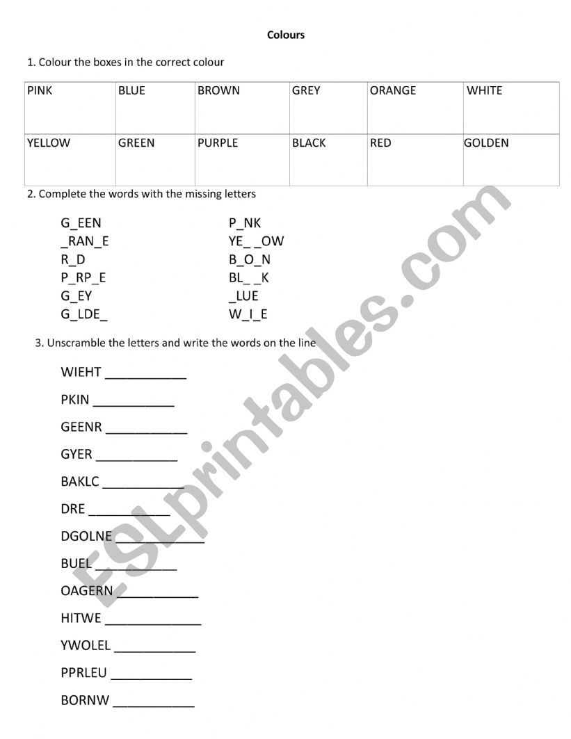 Colours  worksheet